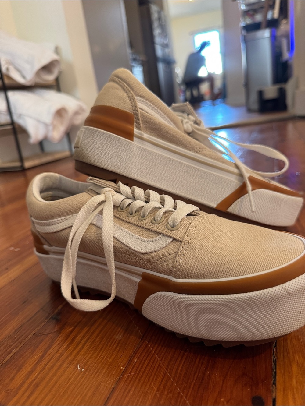 Beige Canvas Platform Sneakers with Tan Trim - Women's Casual